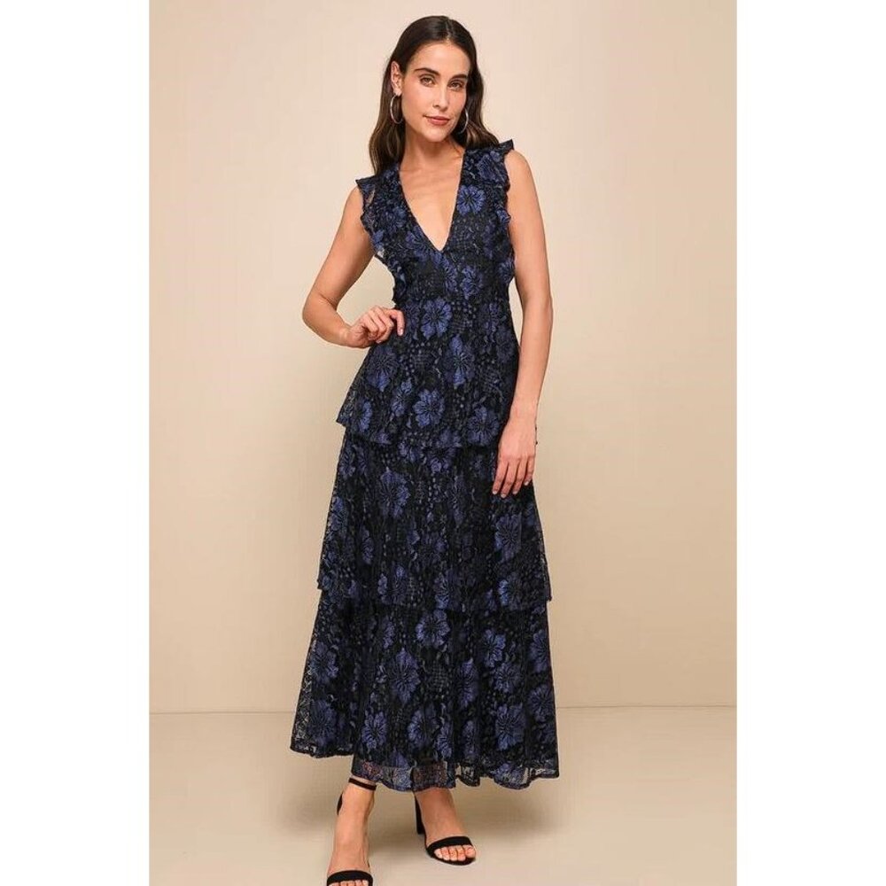 Lulu's Navy and Black Floral Lace Tiered Midi Dress